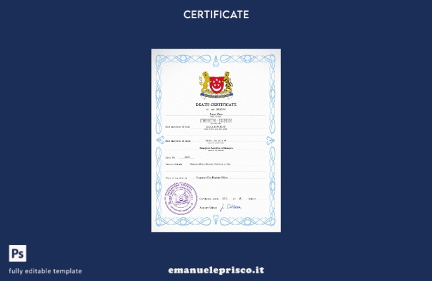 Modello PSD del certificato di morte di Singapore in stile verificato
